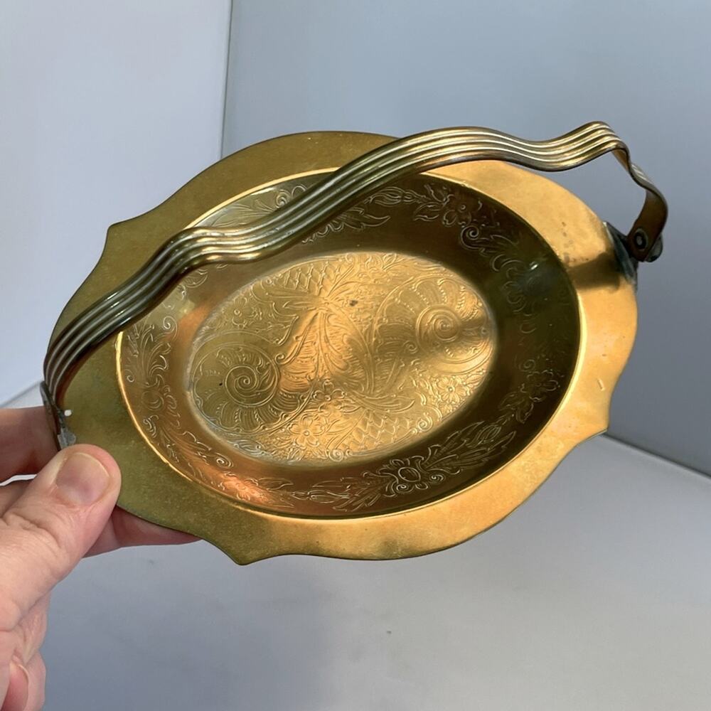 Etched Brass Ashtray or Dish with Swing‎ Handle